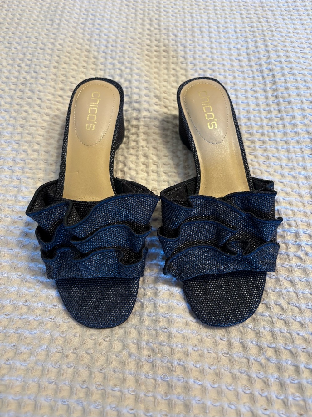Chico's Black Ruffle Open Toe Short Heel
